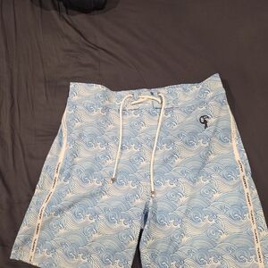 Men's Light Blue Wave-Print Swim Shorts Never Worn